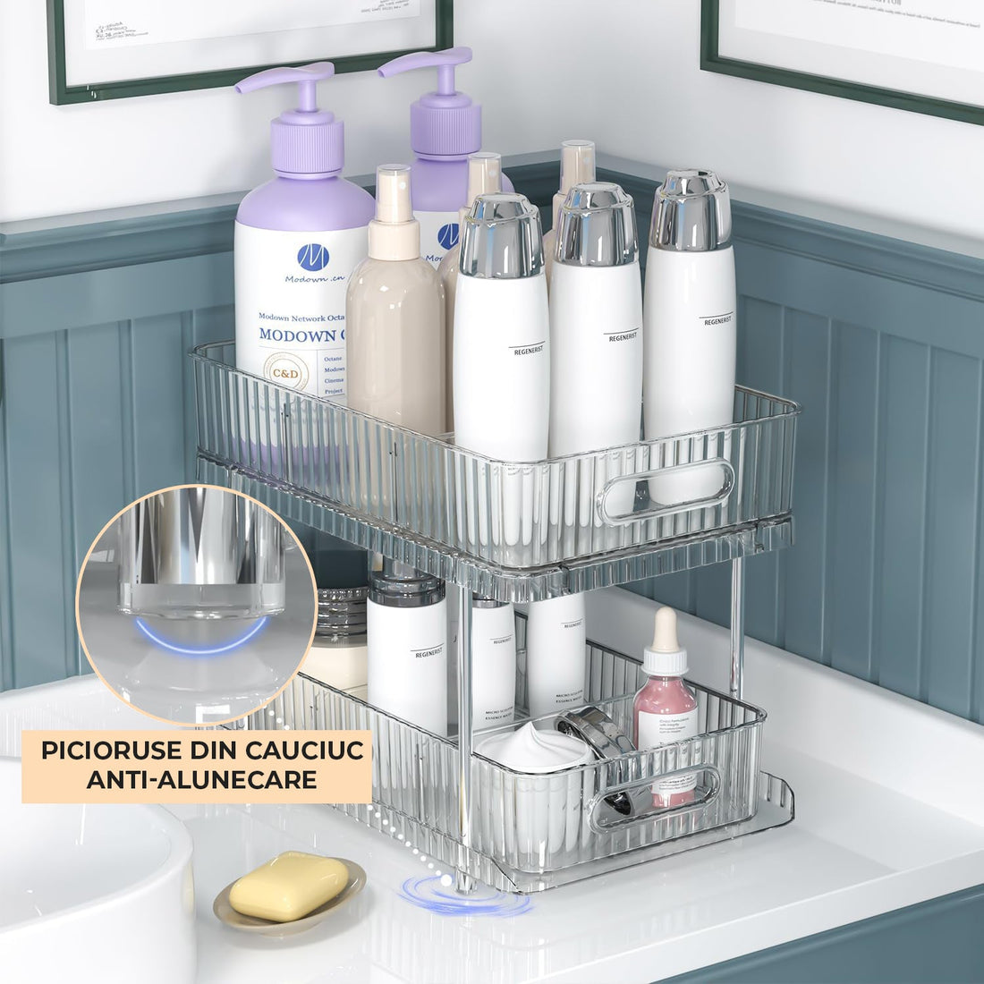 Set 2 Organizatoare Transparente Elindor® cu 2 Nivele si Separatoare, Recipient de Depozitare Multifunctional si Glisant, Organizator pentru Dulapul de sub Chiuveta din Baie si Bucatarie, 30.4 x 23 x 16 cm