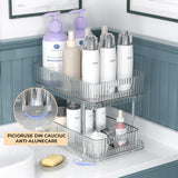 Set 2 Organizatoare Transparente Elindor® cu 2 Nivele si Separatoare, Recipient de Depozitare Multifunctional si Glisant, Organizator pentru Dulapul de sub Chiuveta din Baie si Bucatarie, 30.4 x 23 x 16 cm