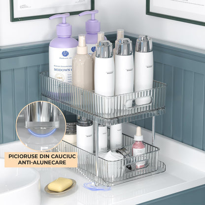 Set 2 Organizatoare Transparente Elindor® cu 2 Nivele si Separatoare, Recipient de Depozitare Multifunctional si Glisant, Organizator pentru Dulapul de sub Chiuveta din Baie si Bucatarie, 30.4 x 23 x 16 cm