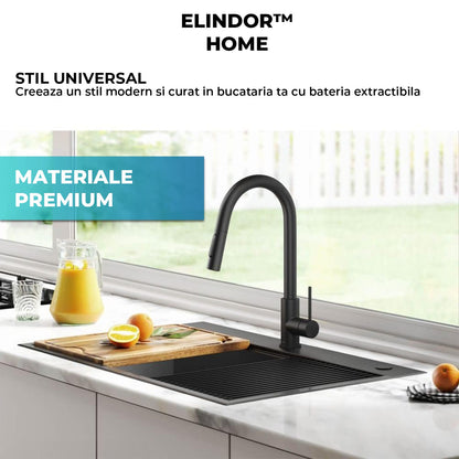 Baterie Bucatarie cu Dus Extractibil Elindor®, Jet Ajustabil, Design Modern, Negru