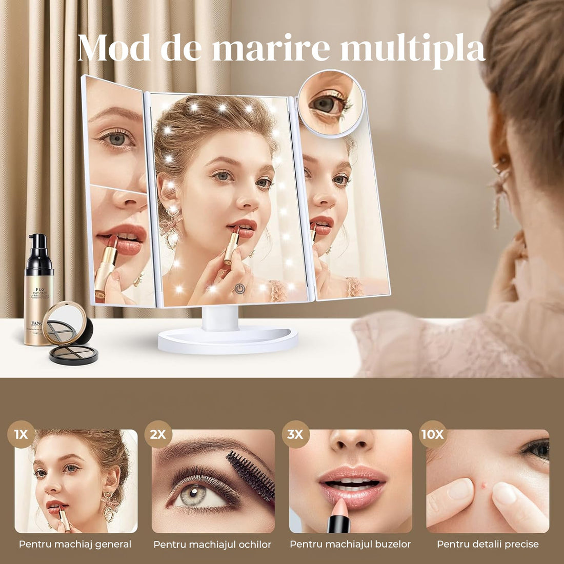 Oglinda Cosmetica Elindor® cu Iluminare LED, Marire 2X, 3X, 10X, Control Tactil, Alimentare Dubla, Alb
