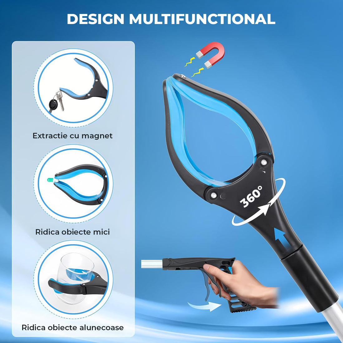 Cleste de Gunoi Elindor® Pliabil pentru Colectare Deseuri, Gheara Rotativa la 360°, Maner Ergnom, Practic, Versatil, Ideal pentru Uz Zilnic, Recuperare Medicala sau Activitati in Aer Liber, 83 cm, Negru / Albastru
