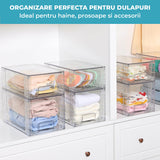 Set 4 Cutii Elindor® pentru Depozitare Compactă, Sertare Stivuibile și Glisante, Transparente