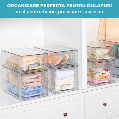Set 4 Cutii Elindor® pentru Depozitare Compactă, Sertare Stivuibile și Glisante, Transparente