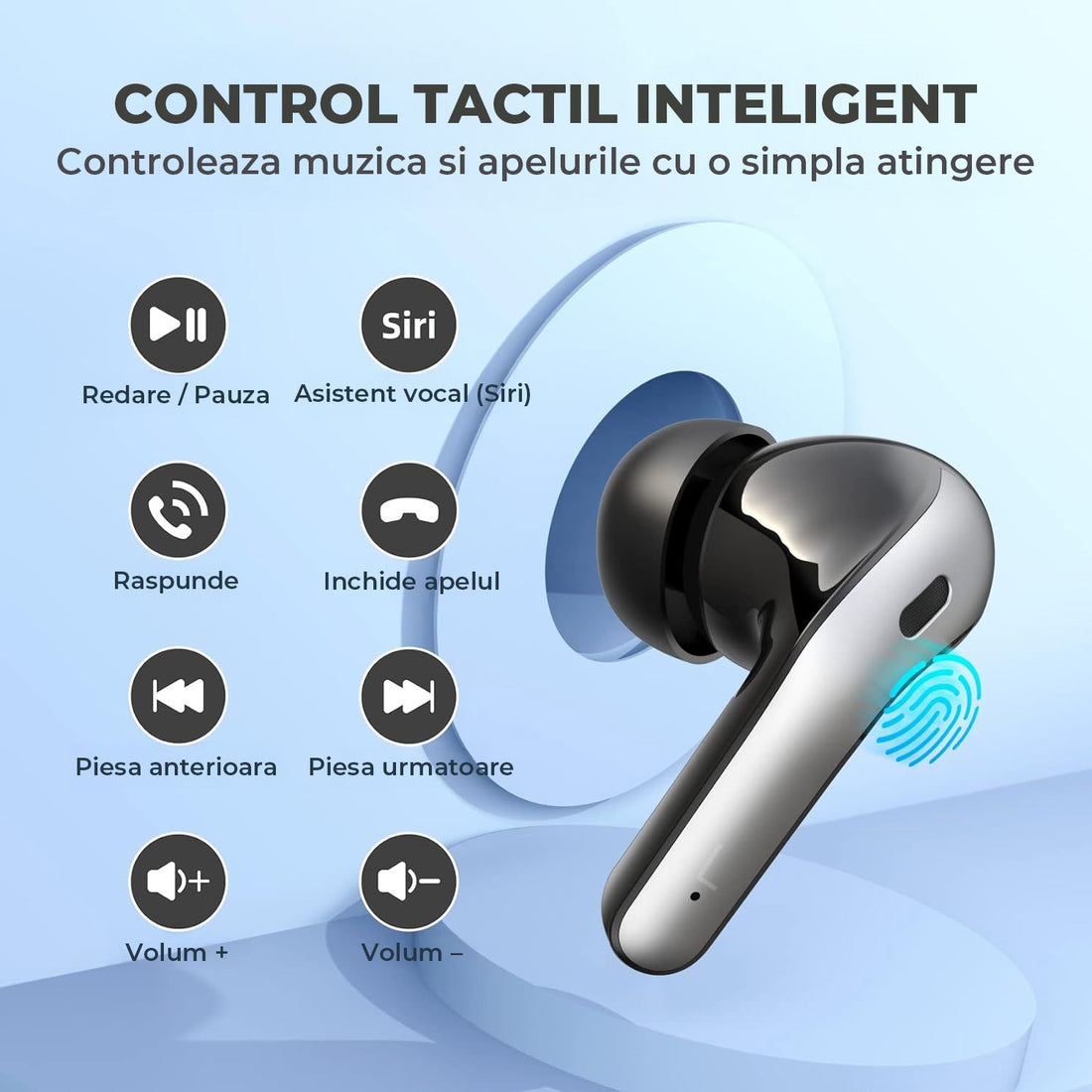 Casti Elindor® Wireless In-Ear Cu Afisaj LED, 60h Autonomie, Incarcare Wireless, IPX5, Control Tactil, Cu Microfon, Negru