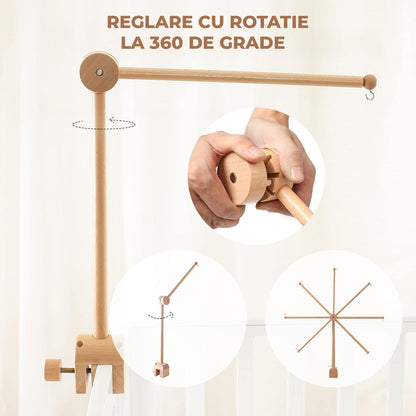 Suport Mobil Universal din Lemn pentru Carusel Elindor® pentru Patut, Montaj Fara Suruburi pe Pat, Tarc sau Masa de Infasat, Brat Rotativ 360°, Decor Camera Bebelusi, Maro Deschis