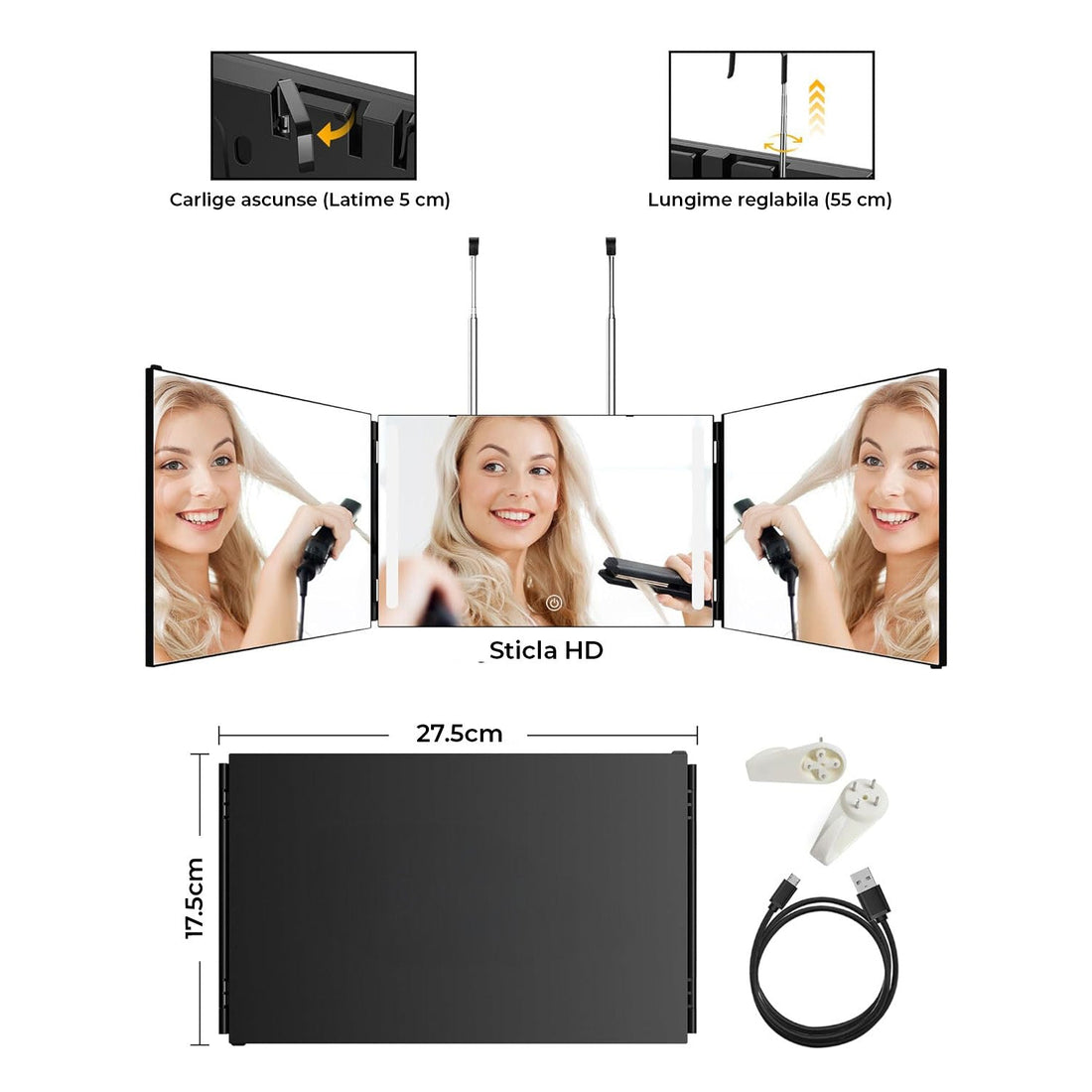 Oglinda Pliabila Elindor® cu LED, Anti-Aburire, Sticla HD, USB, Baterie 1500mAh , Vizualizare Completa 360°, Negru