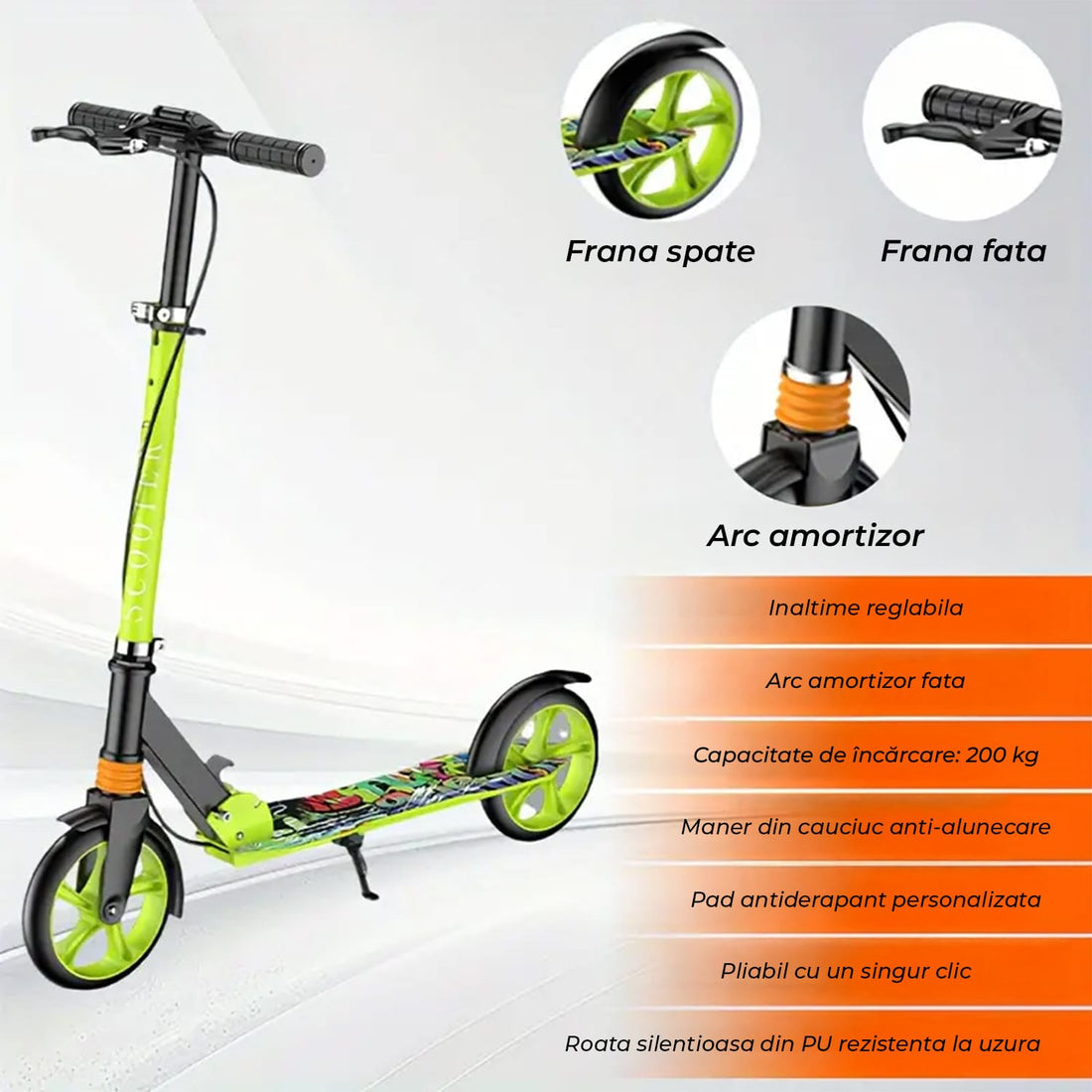 Trotiinetă Pliabilă cu Amortizor Elindor®, Frână Spate și Platformă Antiderapantă, Verde