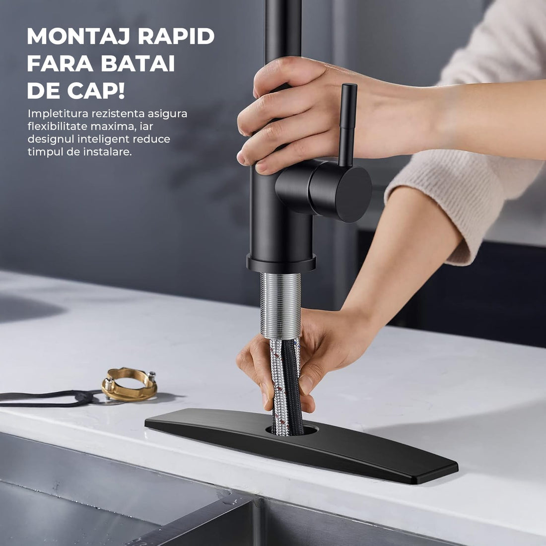 Robinet Bucatarie cu Pipa Inalta Elindor®, Pulverizator Retractabil, Aerator Detasabil, Otel Inoxidabil, Negru