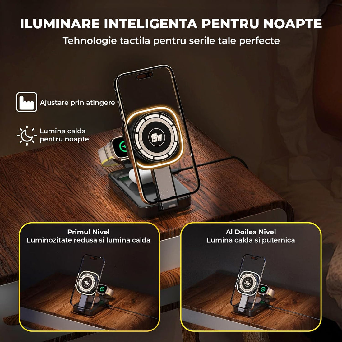 Încărcător Wireless 3in1 Elindor®, 15W, MagSafe, Pliabil, Negru