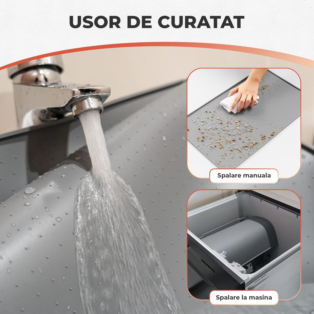 Covoras Hranire Silicon Elindor® pentru Caini si Pisici, Suport Antialunecare si Impermeabil pentru Boluri Hrana si Apa, Margine Inaltata 0.6 cm, Usor de Curatat, Rezistent, 60x40 cm, Potrivit pentru Calatorii si Utilizare Zilnica, Gri