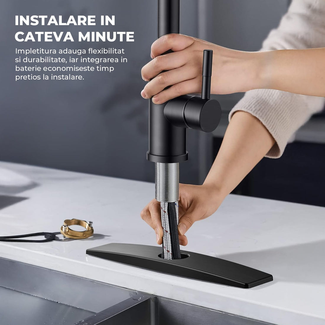 Robinet Bucatarie Elindor® cu Maner Unic, Pulverizator Retractabil, Otel Inoxidabil, Negru