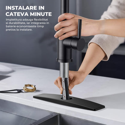 Robinet Bucatarie Elindor® cu Maner Unic, Pulverizator Retractabil, Otel Inoxidabil, Negru