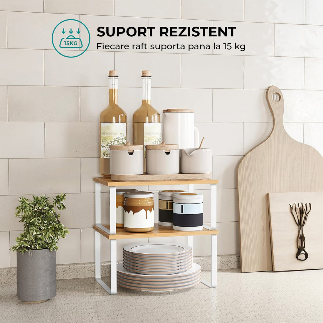 Set 2 Rafturi Elindor® din Bambus, Extensibil si Suprapus pentru Bucatarie, Organizator Metalic Reglabil, Ideal ca Etajera Depozitare in Camara sau Birou, Perfect pentru Condimente, Vesela, Farfurii, Stabil si Compact, Polita pentru Obiecte Diverse, Alb