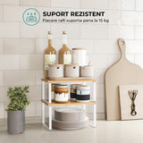 Set 2 Rafturi Elindor® din Bambus, Extensibil si Suprapus pentru Bucatarie, Organizator Metalic Reglabil, Ideal ca Etajera Depozitare in Camara sau Birou, Perfect pentru Condimente, Vesela, Farfurii, Stabil si Compact, Polita pentru Obiecte Diverse, Alb