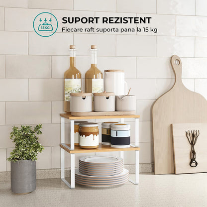 Set 2 Rafturi Elindor® din Bambus, Extensibil si Suprapus pentru Bucatarie, Organizator Metalic Reglabil, Ideal ca Etajera Depozitare in Camara sau Birou, Perfect pentru Condimente, Vesela, Farfurii, Stabil si Compact, Polita pentru Obiecte Diverse, Alb