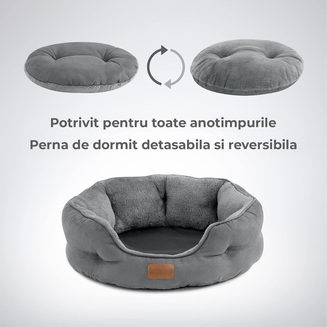 Pat Confortabil pentru Caini si Pisici Elindor®, Culcus Moale Antiderapant, cu Perna Detasabila din Microfibra Lavabila la Masina, Potrivit pentru Caine si Pisica de Talie Mica si Medie, Ideal in Orice Anotimp, in Casa, Marimea S, 51x48x15 cm, Gri