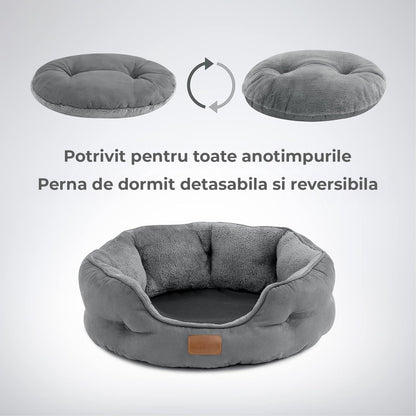 Pat Confortabil pentru Caini si Pisici Elindor®, Culcus Moale Antiderapant, cu Perna Detasabila din Microfibra Lavabila la Masina, Potrivit pentru Caine si Pisica de Talie Mica si Medie, Ideal in Orice Anotimp, in Casa, Marimea S, 51x48x15 cm, Gri