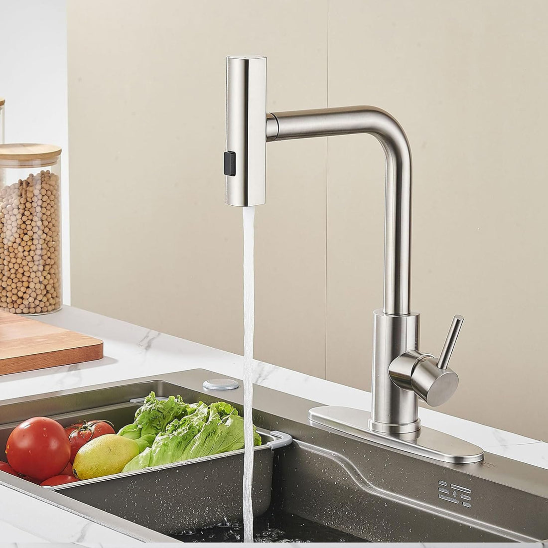 Baterie Bucatarie Elindor® Cu Dus Extractibil, Pipa Inalta, Finisaj Nichel Periat, Argintiu