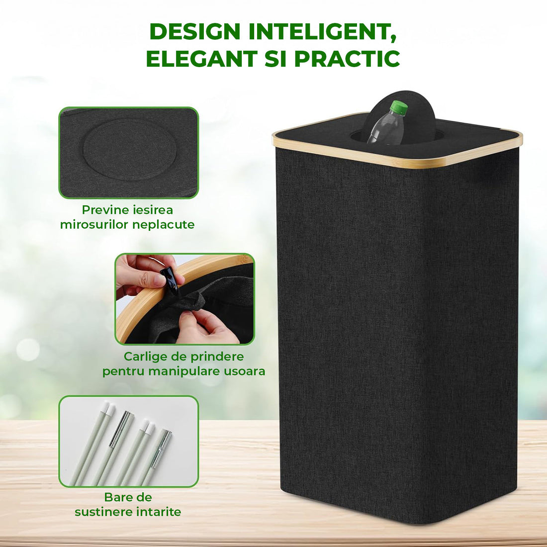 Cos pentru Reciclare Elindor® Capacitate 100L, din Material Textil si Bambus, pentru Multifunctional, pentru Bucatarie sau Camara, Cos Gunoi Potrivit pentru Colectare Selectiva a Sticlelor de Plastic, 41 x 33.5 x 70 cm, Negru