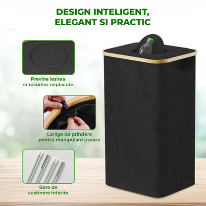 Cos pentru Reciclare Elindor® Capacitate 100L, din Material Textil si Bambus, pentru Multifunctional, pentru Bucatarie sau Camara, Cos Gunoi Potrivit pentru Colectare Selectiva a Sticlelor de Plastic, 41 x 33.5 x 70 cm, Negru