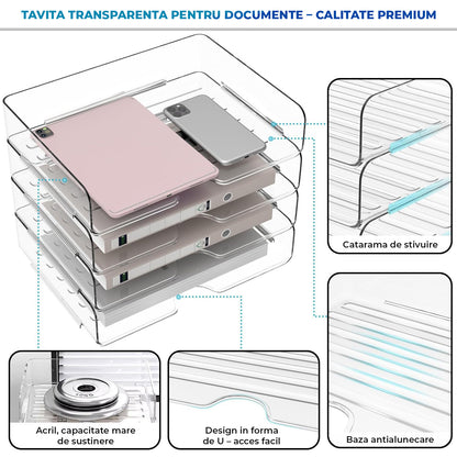 Set 4 Tavi de Depozitare Elindor® Cutii pentru Documente, Cutie cu 4 Compartimente Detasabile, Organizator de Birou, Potrivit si pentru Baie, Living, Bucatarie, pentru Creioane, Hartii, Rechizite, Pixuri, Suport Multufunctional, 33 x 25 x 27 cm, Transpare