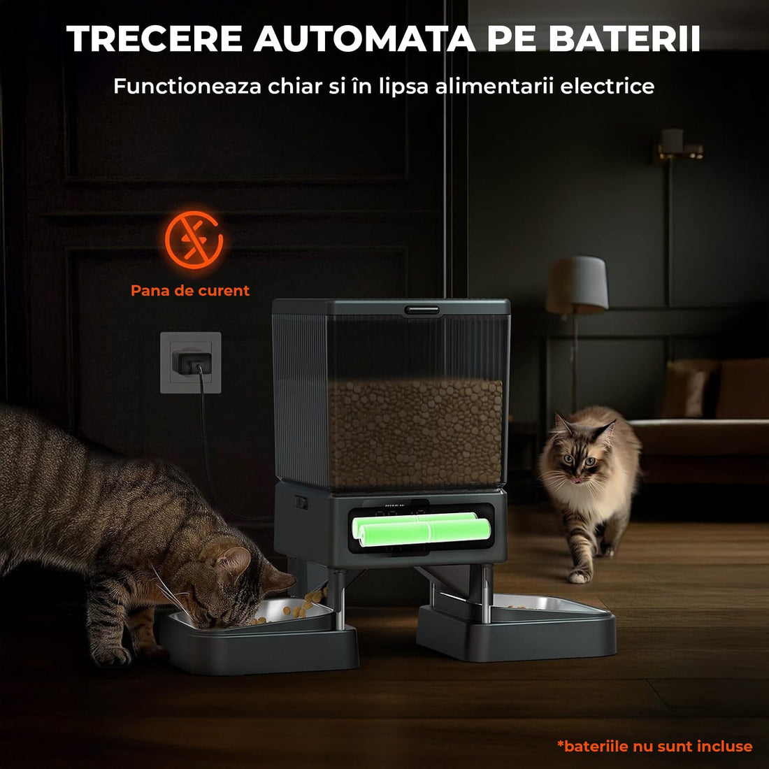 Dispenser Hranitor Automat Elindor® Dual, 5L, Boluri din Inox, Alimentare Dublă, Negru