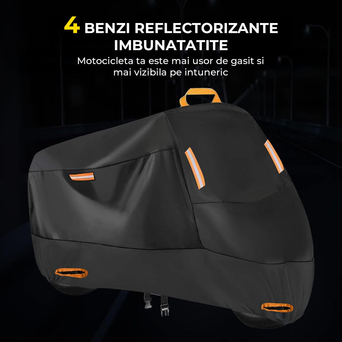 Husa Motocicleta Universala Elindor®, Protectie Impermeabila si Antivant, Orificii pentru Lacat, Benzi Reflectorizante, Ideala pentru Exterior, Calatorii sau Garaj, Negru