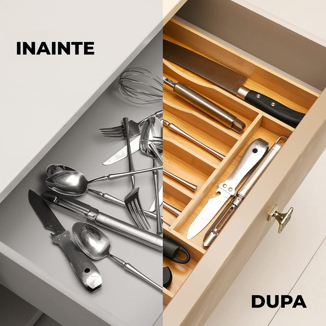 Organizator Extensibil Elindor® din Bambus, pentru Depozitare Tacamuri si Ustensile de Bucatarie, Furculite, Linguri, Cutite, 7 Compartimente, Sertar 25.5-39.4 cm, Suport Ajustabil, Separator Sertare Spatios, Accesorii Organizare