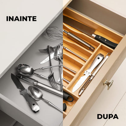 Organizator Extensibil Elindor® din Bambus, pentru Depozitare Tacamuri si Ustensile de Bucatarie, Furculite, Linguri, Cutite, 7 Compartimente, Sertar 25.5-39.4 cm, Suport Ajustabil, Separator Sertare Spatios, Accesorii Organizare