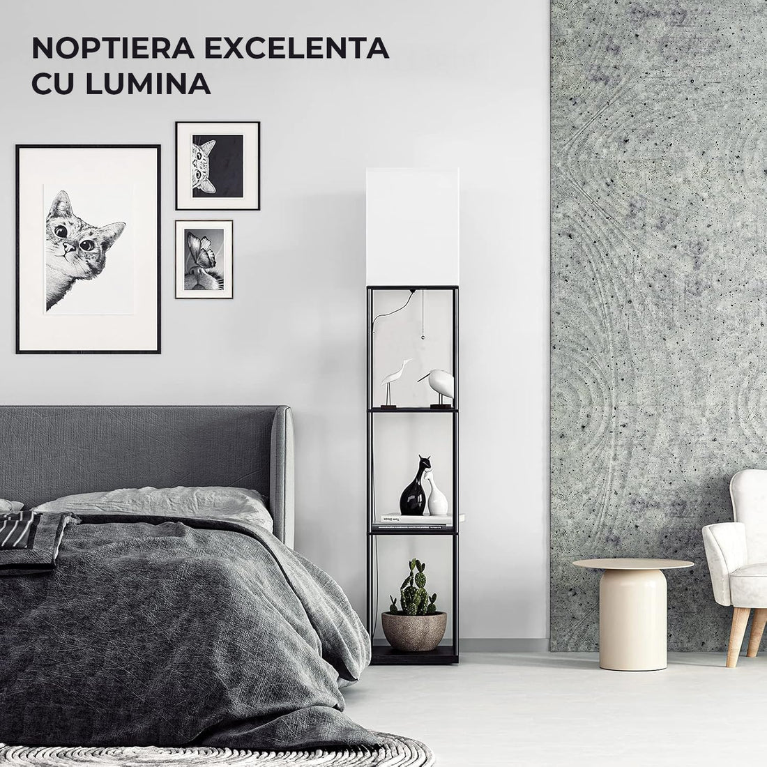 Lampa de Podea Decorativa Elindor® cu Structura Metalica, Rafturi de Depozitare,Abajur Textil, Negru