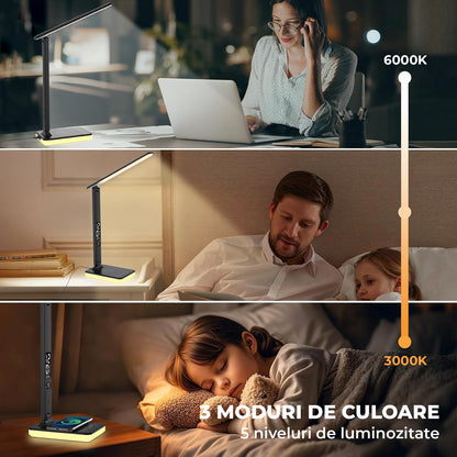 Lampa de Birou Elindor® Negara cu LED Integrat, Incarcare USB, cu Incarcare Rapida Telefon, 3 Moduri Lumina Camera Rece/Cald, Comanda prin Buton, Veioza Pliabila cu Brat Reglabil, Compacta si Portabila, pentru Birou, Dormitor, Hol, Living, 36.5 cm