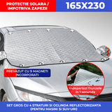 Parasolar Auto Elindor® pentru Parbriz si Oglinzi, Magnetic cu 9 Magneti, cu Banda Reflectorizanta, Material cu 4 Straturi, Universal, Folie pentru Protectie Soare, Anti-inghet, Pliabil, Usor de Depozitat, Accesorii Masina Exterior, 230 x 165 cm, Argintiu