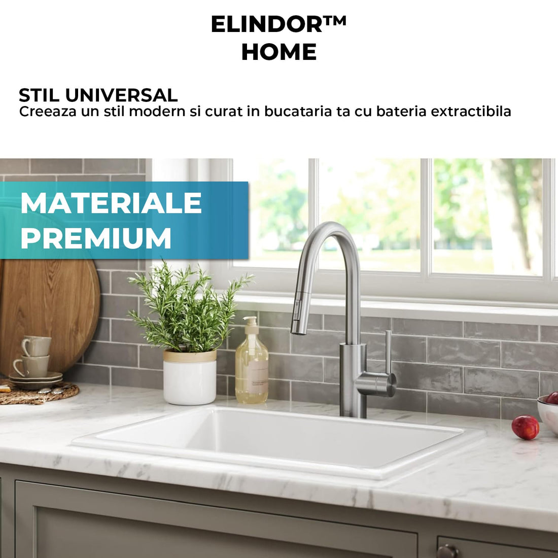 Baterie Bucatarie cu Dus Extractibil Elindor®, Jet Ajustabil, Design Modern, Argintiu