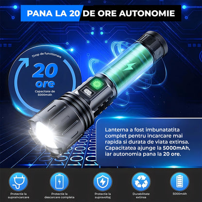 Lanterna LED Neagra Elindor® Profesionala, Extra Luminoasa, 2000 Lumeni, cu Acumulator / Baterie Reincarcabila (USB C), Design Tactic Militar, 5 Moduri, Fascicul cu Zoom, Rezistent la Apa, Multifunctionala, de Vanatoare, Pescuit, Drumetii