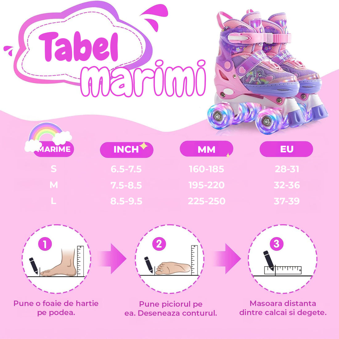 Role Reglabile Elindor® pentru Copii, Fete si Baieti, 4 Roti cu Lumini Quad, Ajutatoare, Rotile din Silicon, Rulmenti ABEC-7, Aluminiu / Poliuretan, Marimea L, 37-39, Model Unicorn, Mov