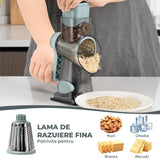 Rasnita Rotativa 3 in 1 Elindor® cu Maner, Razatoare Lame din Otel Inoxidabil, Tocator Legume, Cascaval, Razatoare Branza, Nuci, Morcovi, Varza, Ustensila de Bucatarie, Design Compact, Multifunctional, Gri