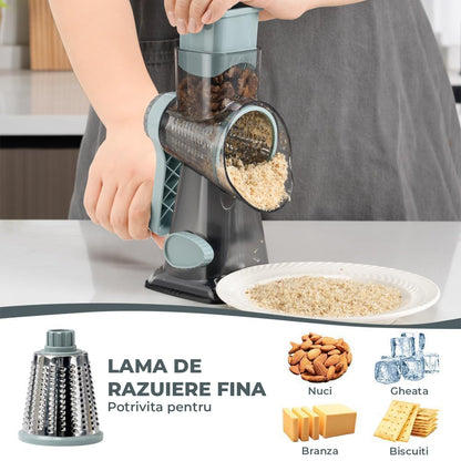 Rasnita Rotativa 3 in 1 Elindor® cu Maner, Razatoare Lame din Otel Inoxidabil, Tocator Legume, Cascaval, Razatoare Branza, Nuci, Morcovi, Varza, Ustensila de Bucatarie, Design Compact, Multifunctional, Gri