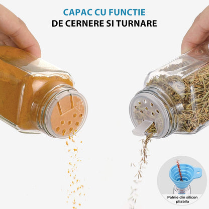 Set 24 Borcane Condimente din Sticla, Patrate, cu Capace Metalice Etans, Include Tichete, Palnie din Silicon Pliabila, pentru Organizarea Condimentelor, Ierburilor Uscate, Boabelor sau Semintelor in Bucatarie