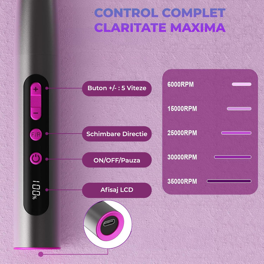 Freza Unghii Reîncărcabilă Elindor® 35.000 RPM, Afisaj LED, 5 Viteze, Negru