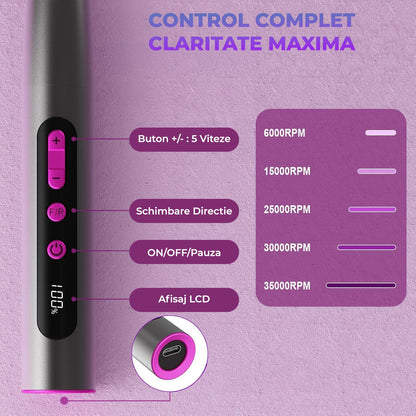 Freza Unghii Reîncărcabilă Elindor® 35.000 RPM, Afisaj LED, 5 Viteze, Negru