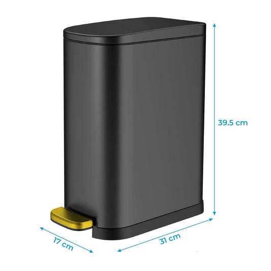 Cos de Gunoi Elindor® Otel Inoxidabil, 10L, Pedala Durabila Aurie, Capac cu Inchidere/Deschidere Silentioasa, Design Compact, Negru