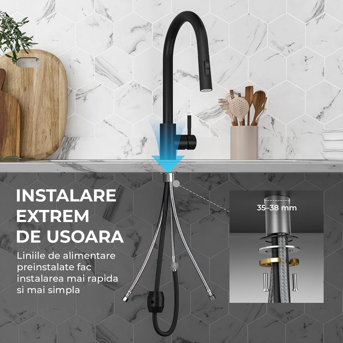 Baterie Chiuveta Neagra Elindor®, Robinet de Apa pentru Bucatarie, Jet Reglabil, Modern cu Pipa Flexibila, Cap Dus Extractabil cu Doua Functii, Monocomanda, Rotativ 360°, Otel Inoxidabil, Finisaj Mat