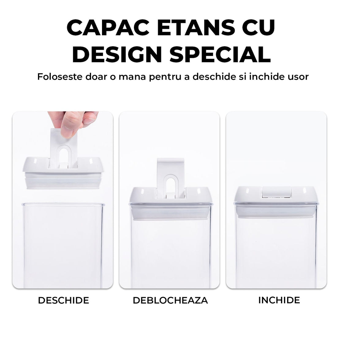 Set 7 Recipiente Etanse Elindor® pentru Alimente Uscate, Capace AirTight, Transparent