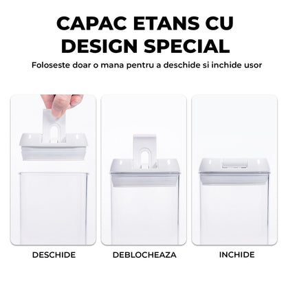 Set 7 Recipiente Etanse Elindor® pentru Alimente Uscate, Capace AirTight, Transparent