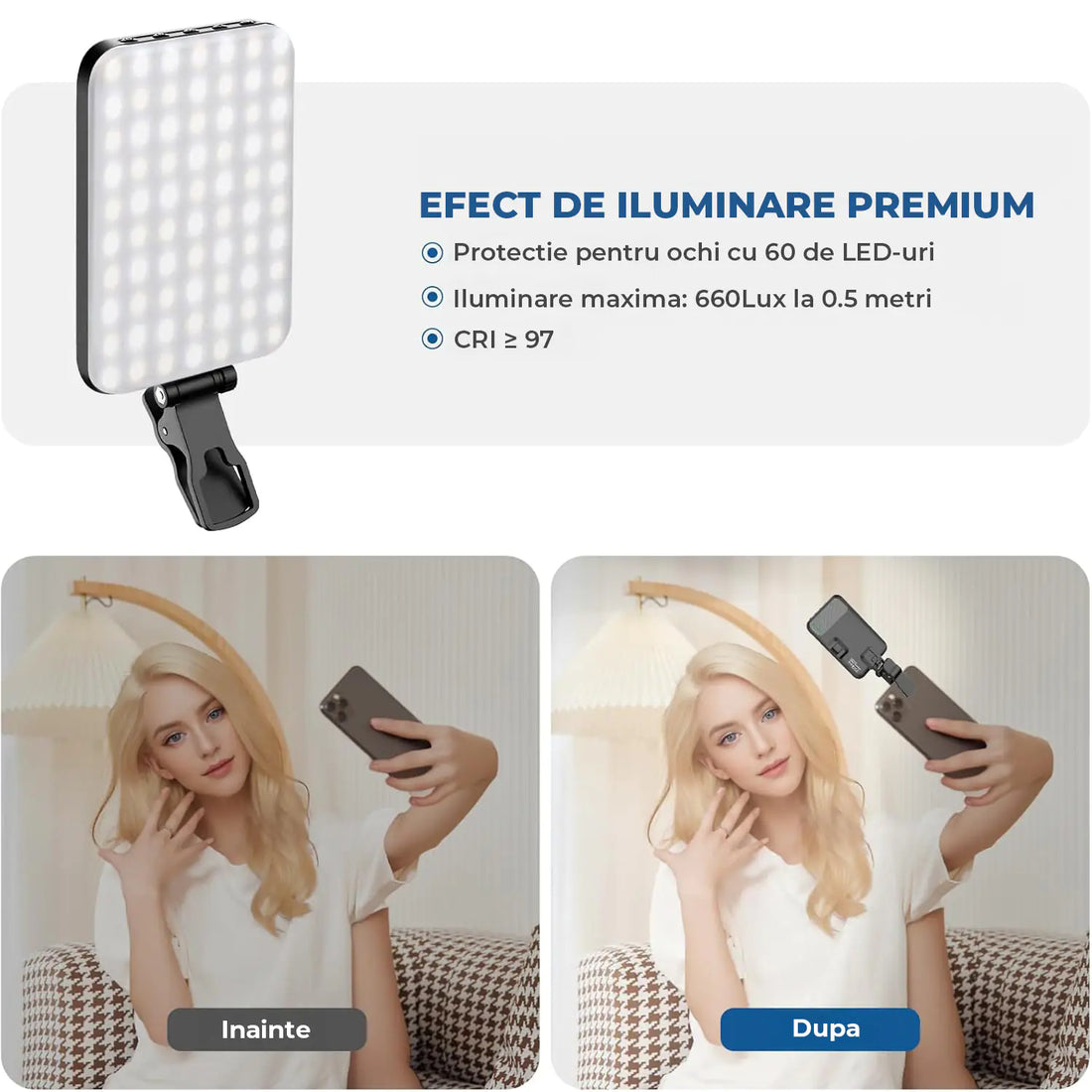 Lampa LED Portabila Elindor® Lumina Profesionala Compacta pentru Videoconferinte, Streaming, Selfie si Machiaj, cu Clip Reglabil si Suport Trepied, 3 Moduri Culoare Alb, Cald, Natural, 10 Trepte Intensitate, Baterie Reincarcabila 2200 mAh, Negru