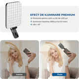 Lampa LED Portabila Elindor® Lumina Profesionala Compacta pentru Videoconferinte, Streaming, Selfie si Machiaj, cu Clip Reglabil si Suport Trepied, 3 Moduri Culoare Alb, Cald, Natural, 10 Trepte Intensitate, Baterie Reincarcabila 2200 mAh, Negru