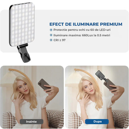 Lampa LED Portabila Elindor® Lumina Profesionala Compacta pentru Videoconferinte, Streaming, Selfie si Machiaj, cu Clip Reglabil si Suport Trepied, 3 Moduri Culoare Alb, Cald, Natural, 10 Trepte Intensitate, Baterie Reincarcabila 2200 mAh, Negru