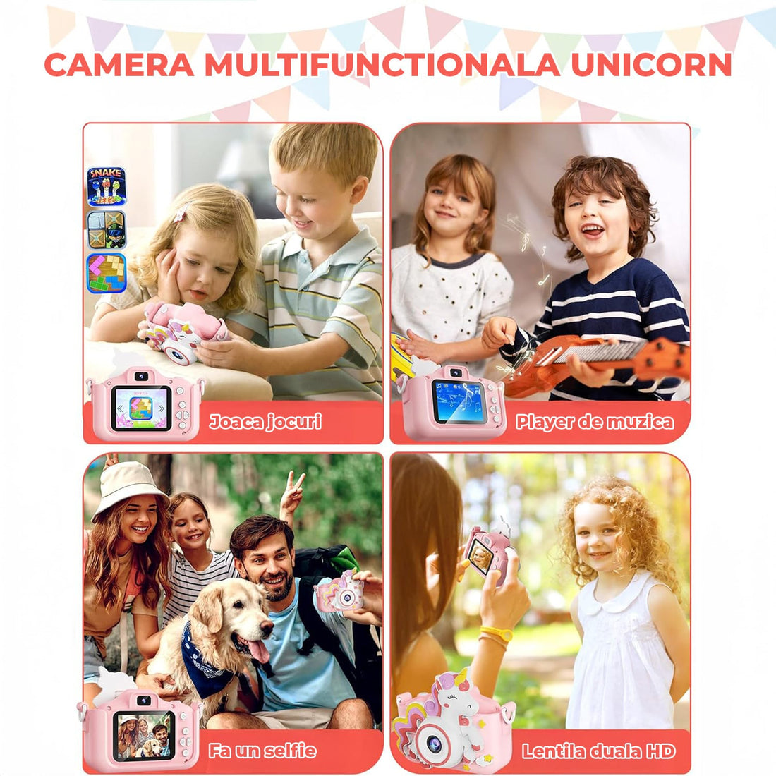 Cameră Foto Digitală Elindor® pentru Copii, Model Unicorn, 48MP, 1080P HD, Roz