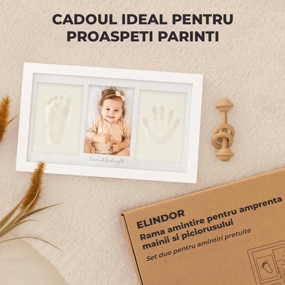 Kit Amprenta Bebe cu Lut Non-Toxic si Rama Foto Elindor® Personalizabil, pentru Maini si Picioare, Cadou Ideal pentru Botez, Zi de Nastere si Baby Shower, Set Complet cu Etichete, Pigment si Cutie de Cadou, Design Elegant, Alb